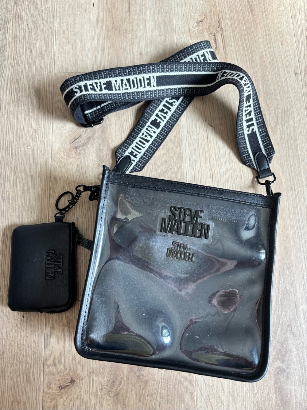Steve Madden Black Clear Crossbody with Branded Strap and Coin Pouch